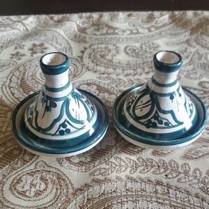 Handcrafted Ceramic Tagine Set - Green and White Set Of 2.